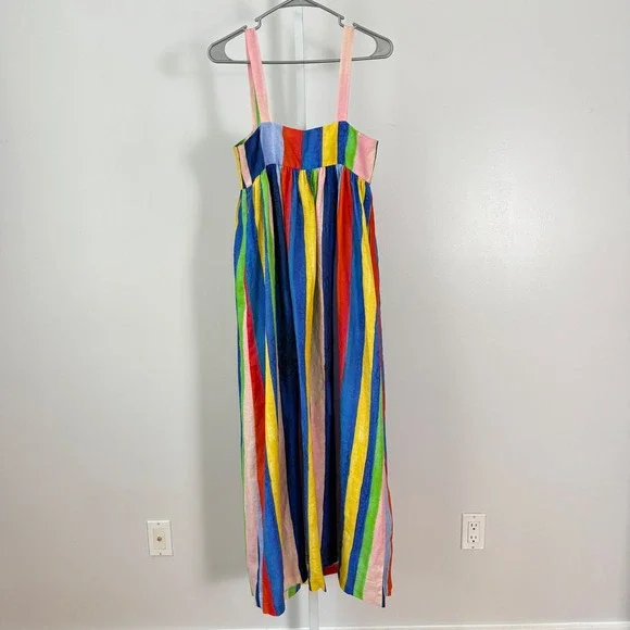 Mara Hoffman Striped Maxi Dress Tie Front Linen Blue Yellow Red Green Size 4 - Picture 9 of 9